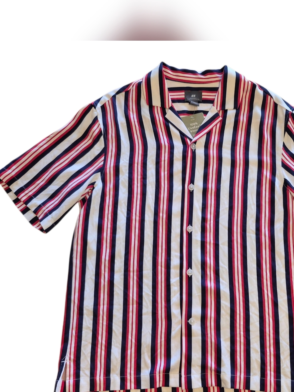 H&M Relaxed Fit  Viscose Button Up Shirt Men's Size Small Red White Blue NWT